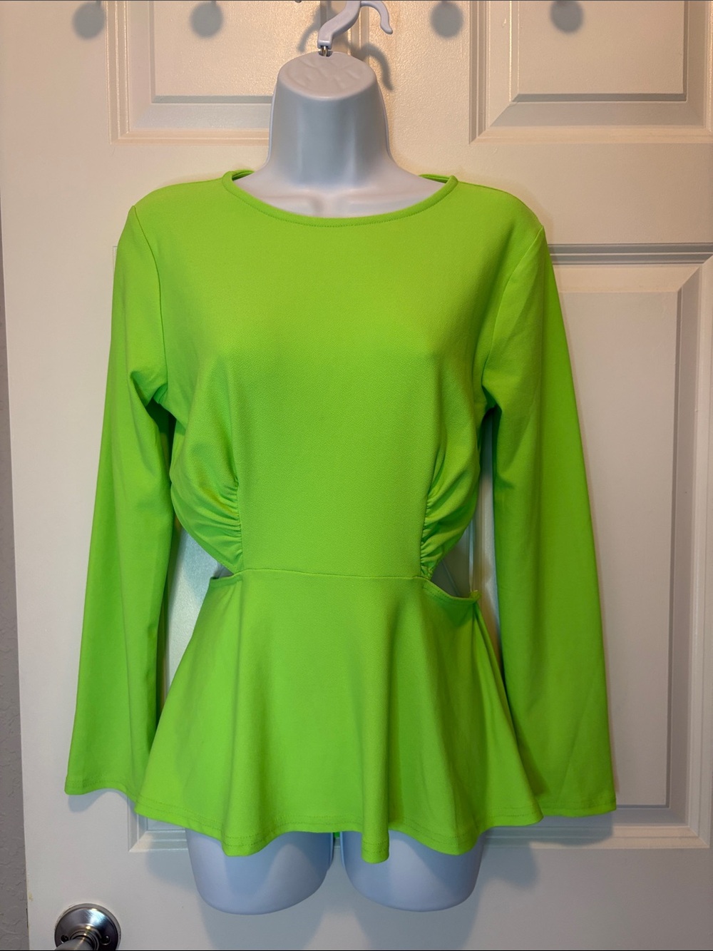 Venus Women’s Neon Green Long-Sleeve Peplum Top, Backless, Size Medium